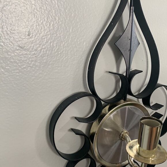 Vintage Mid-Century Black Metal Gothic Scroll Candle Sconces Wall Decor - Picture 11 of 17